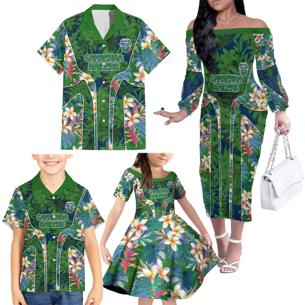 Canberra Raiders Family Matching Off The Shoulder Long Sleeve Dress and Hawaiian Shirt Tropical Hibiscus Floral Pattern With Green And Navy Accents