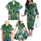 Canberra Raiders Family Matching Off The Shoulder Long Sleeve Dress and Hawaiian Shirt Tropical Hibiscus Floral Pattern With Green And Navy Accents