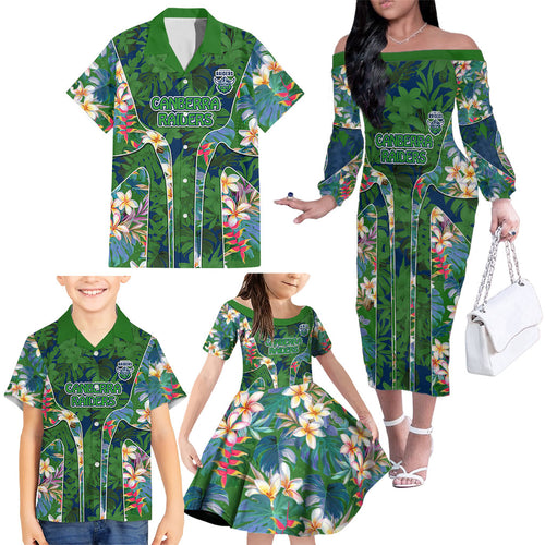 Canberra Raiders Family Matching Off The Shoulder Long Sleeve Dress and Hawaiian Shirt Tropical Hibiscus Floral Pattern With Green And Navy Accents