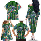 Canberra Raiders Family Matching Off The Shoulder Long Sleeve Dress and Hawaiian Shirt Tropical Hibiscus Floral Pattern With Green And Navy Accents