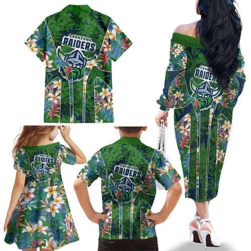 Canberra Raiders Family Matching Off The Shoulder Long Sleeve Dress and Hawaiian Shirt Tropical Hibiscus Floral Pattern With Green And Navy Accents