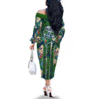 Canberra Raiders Family Matching Off The Shoulder Long Sleeve Dress and Hawaiian Shirt Tropical Hibiscus Floral Pattern With Green And Navy Accents