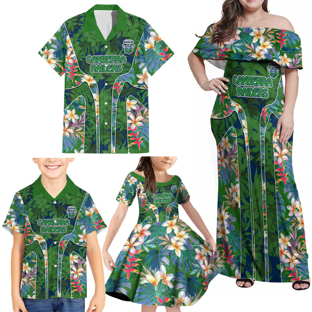 Canberra Raiders Family Matching Off Shoulder Maxi Dress and Hawaiian Shirt Tropical Hibiscus Floral Pattern With Green And Navy Accents