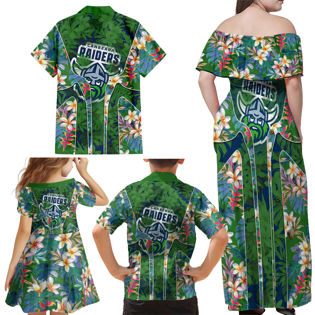 Canberra Raiders Family Matching Off Shoulder Maxi Dress and Hawaiian Shirt Tropical Hibiscus Floral Pattern With Green And Navy Accents