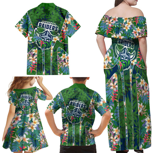 Canberra Raiders Family Matching Off Shoulder Maxi Dress and Hawaiian Shirt Tropical Hibiscus Floral Pattern With Green And Navy Accents