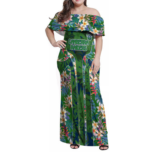 Canberra Raiders Family Matching Off Shoulder Maxi Dress and Hawaiian Shirt Tropical Hibiscus Floral Pattern With Green And Navy Accents