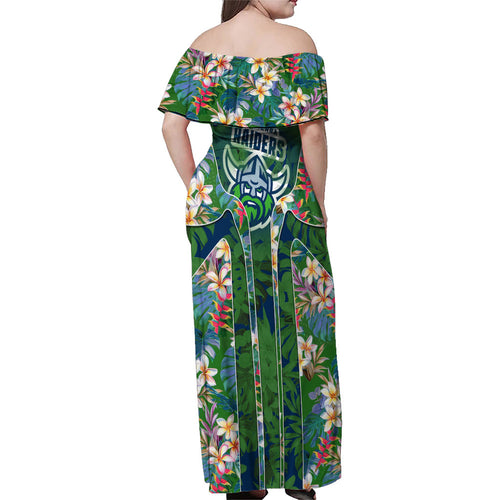 Canberra Raiders Family Matching Off Shoulder Maxi Dress and Hawaiian Shirt Tropical Hibiscus Floral Pattern With Green And Navy Accents