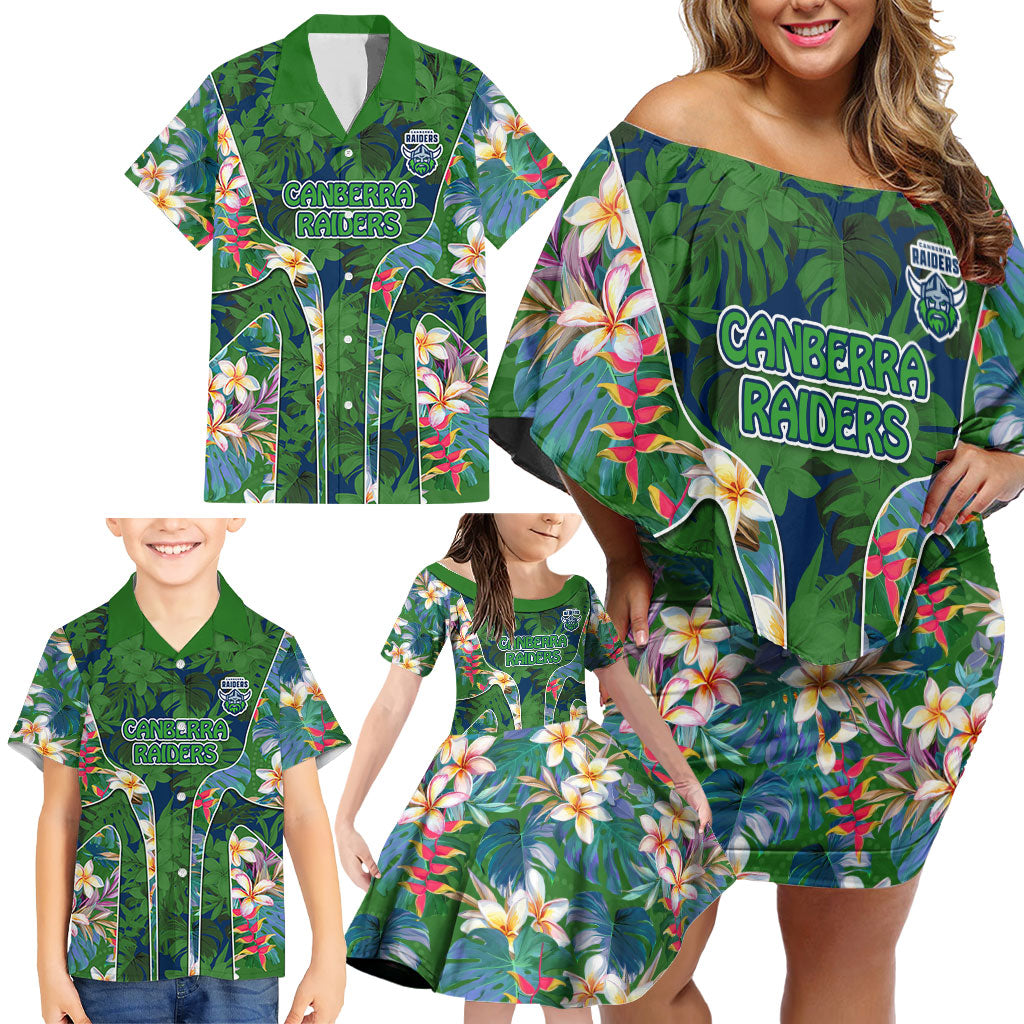 Canberra Raiders Family Matching Off Shoulder Short Dress and Hawaiian Shirt Tropical Hibiscus Floral Pattern With Green And Navy Accents