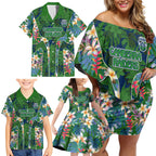 Canberra Raiders Family Matching Off Shoulder Short Dress and Hawaiian Shirt Tropical Hibiscus Floral Pattern With Green And Navy Accents
