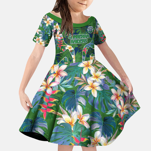 Canberra Raiders Family Matching Off Shoulder Short Dress and Hawaiian Shirt Tropical Hibiscus Floral Pattern With Green And Navy Accents
