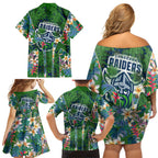 Canberra Raiders Family Matching Off Shoulder Short Dress and Hawaiian Shirt Tropical Hibiscus Floral Pattern With Green And Navy Accents