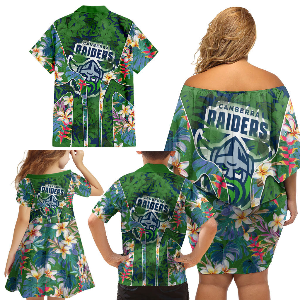 Canberra Raiders Family Matching Off Shoulder Short Dress and Hawaiian Shirt Tropical Hibiscus Floral Pattern With Green And Navy Accents