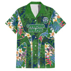 Canberra Raiders Family Matching Off Shoulder Short Dress and Hawaiian Shirt Tropical Hibiscus Floral Pattern With Green And Navy Accents