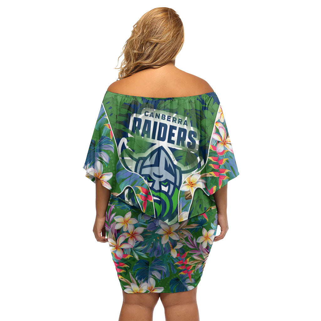 Canberra Raiders Family Matching Off Shoulder Short Dress and Hawaiian Shirt Tropical Hibiscus Floral Pattern With Green And Navy Accents