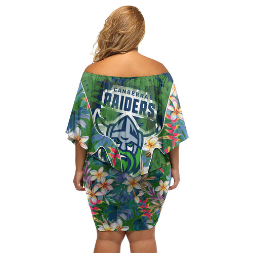 Canberra Raiders Family Matching Off Shoulder Short Dress and Hawaiian Shirt Tropical Hibiscus Floral Pattern With Green And Navy Accents