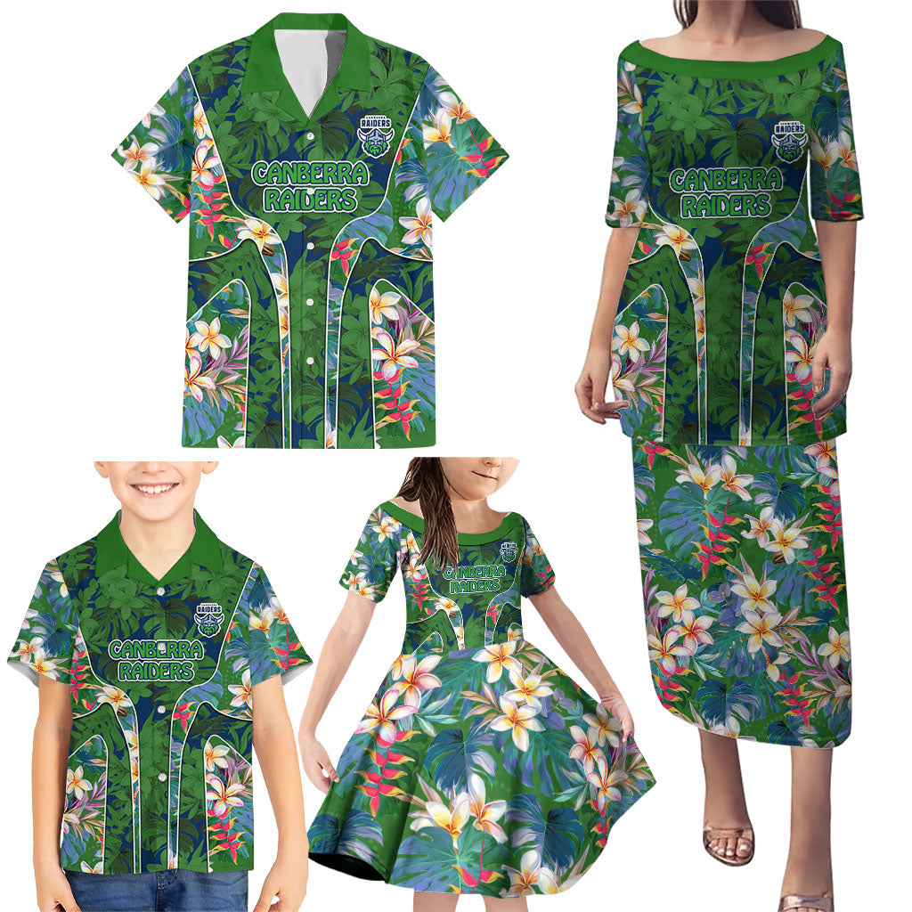 Canberra Raiders Family Matching Puletasi and Hawaiian Shirt Tropical Hibiscus Floral Pattern With Green And Navy Accents