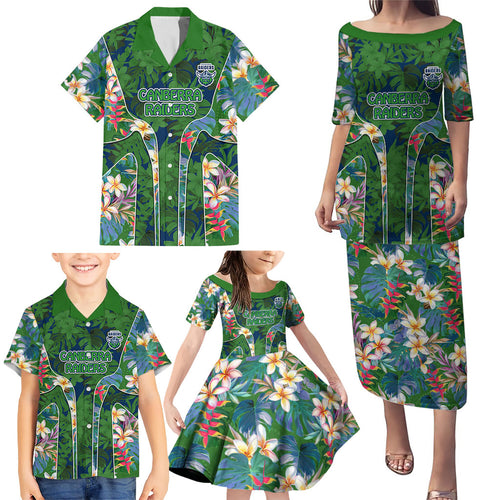 Canberra Raiders Family Matching Puletasi and Hawaiian Shirt Tropical Hibiscus Floral Pattern With Green And Navy Accents