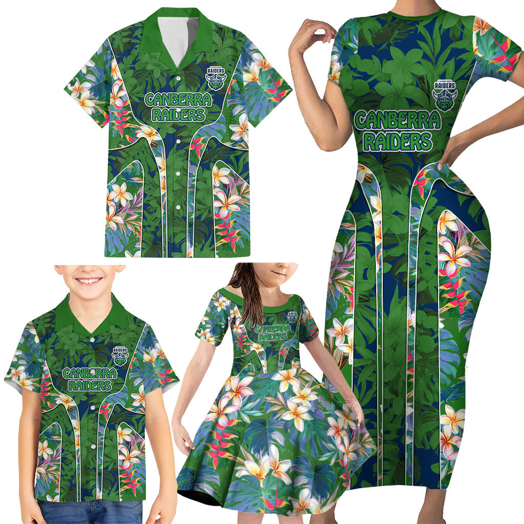 Canberra Raiders Family Matching Short Sleeve Bodycon Dress and Hawaiian Shirt Tropical Hibiscus Floral Pattern With Green And Navy Accents