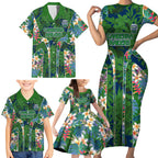 Canberra Raiders Family Matching Short Sleeve Bodycon Dress and Hawaiian Shirt Tropical Hibiscus Floral Pattern With Green And Navy Accents