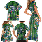 Canberra Raiders Family Matching Short Sleeve Bodycon Dress and Hawaiian Shirt Tropical Hibiscus Floral Pattern With Green And Navy Accents