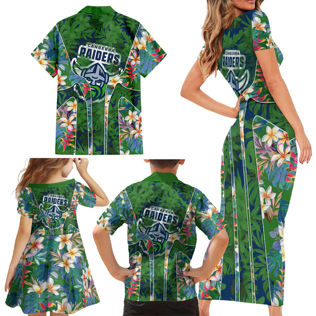 Canberra Raiders Family Matching Short Sleeve Bodycon Dress and Hawaiian Shirt Tropical Hibiscus Floral Pattern With Green And Navy Accents