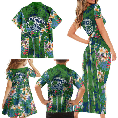 Canberra Raiders Family Matching Short Sleeve Bodycon Dress and Hawaiian Shirt Tropical Hibiscus Floral Pattern With Green And Navy Accents