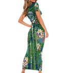 Canberra Raiders Family Matching Short Sleeve Bodycon Dress and Hawaiian Shirt Tropical Hibiscus Floral Pattern With Green And Navy Accents