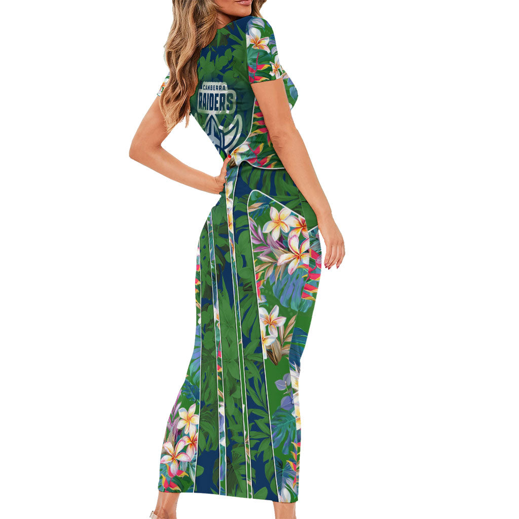 Canberra Raiders Family Matching Short Sleeve Bodycon Dress and Hawaiian Shirt Tropical Hibiscus Floral Pattern With Green And Navy Accents