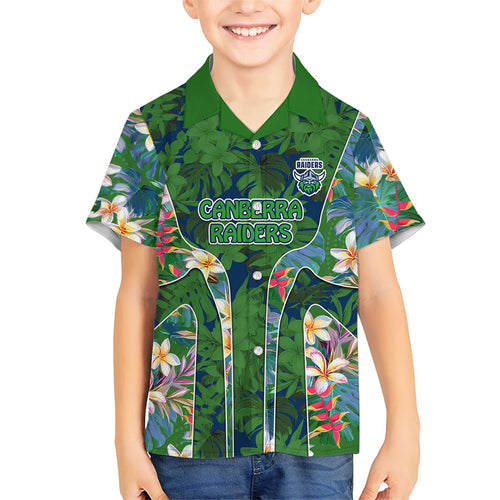 Canberra Raiders Family Matching Short Sleeve Bodycon Dress and Hawaiian Shirt Tropical Hibiscus Floral Pattern With Green And Navy Accents
