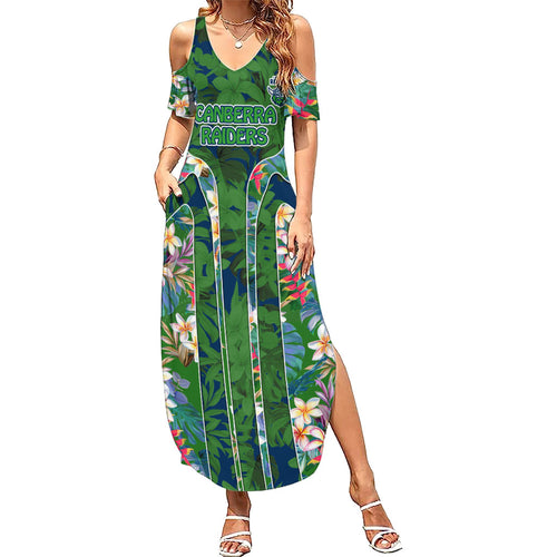 Canberra Raiders Family Matching Summer Maxi Dress and Hawaiian Shirt Tropical Hibiscus Floral Pattern With Green And Navy Accents