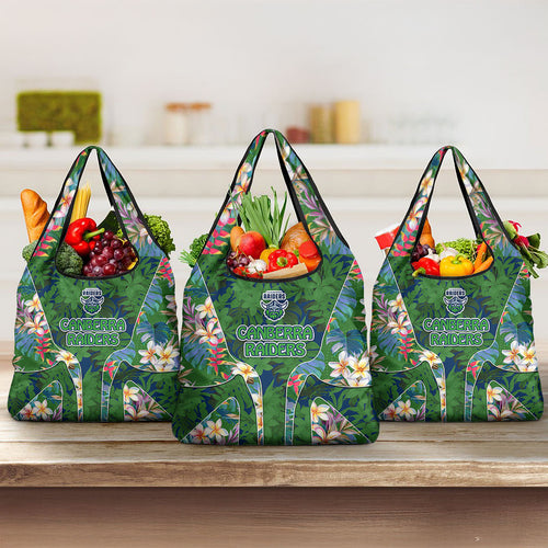 Canberra Raiders Grocery Bag Tropical Hibiscus Floral Pattern With Green And Navy Accents