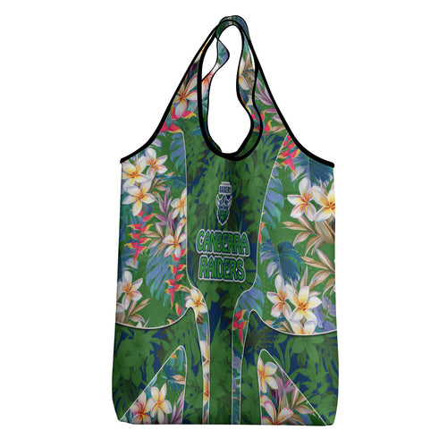 Canberra Raiders Grocery Bag Tropical Hibiscus Floral Pattern With Green And Navy Accents