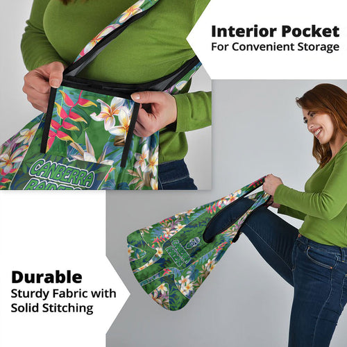 Canberra Raiders Grocery Bag Tropical Hibiscus Floral Pattern With Green And Navy Accents
