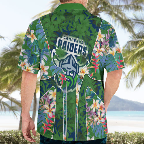 Canberra Raiders Hawaiian Shirt Tropical Hibiscus Floral Pattern With Green And Navy Accents