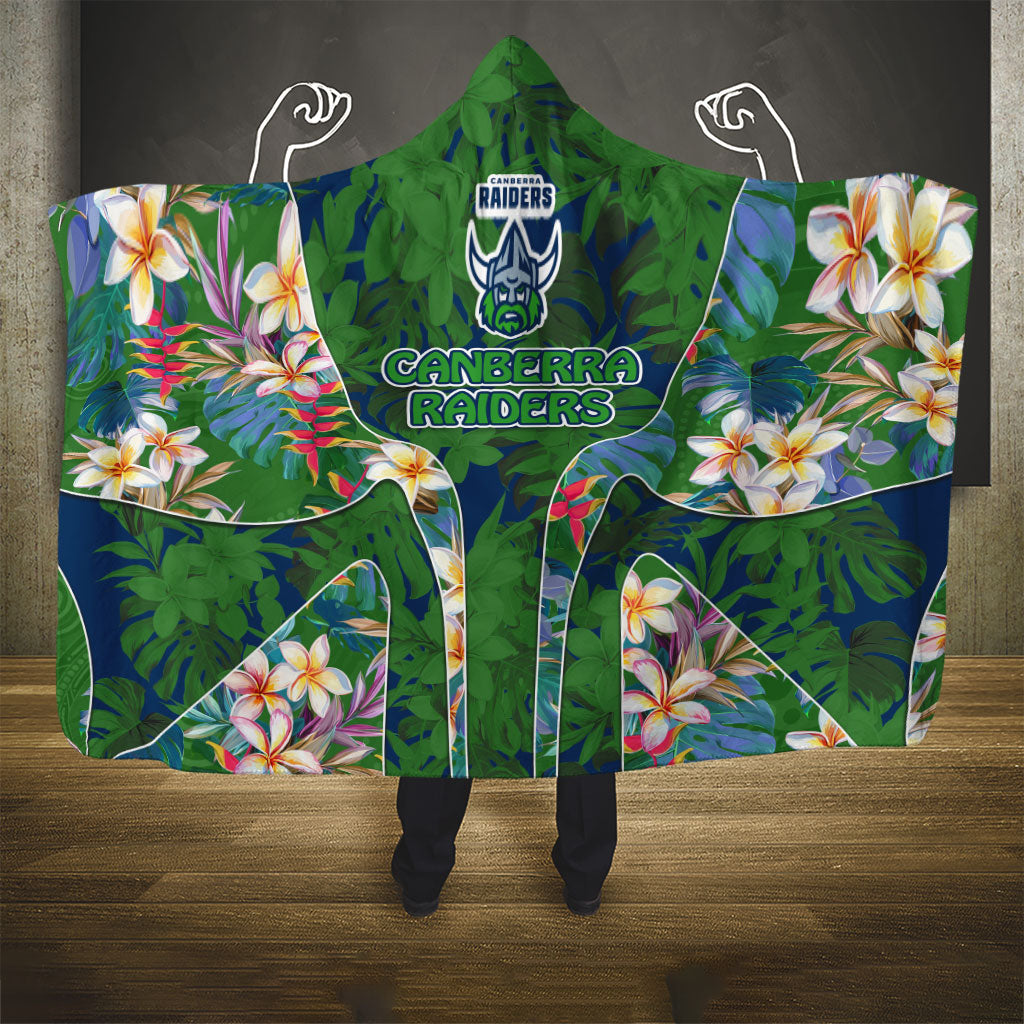 Canberra Raiders Hooded Blanket Tropical Hibiscus Floral Pattern With Green And Navy Accents