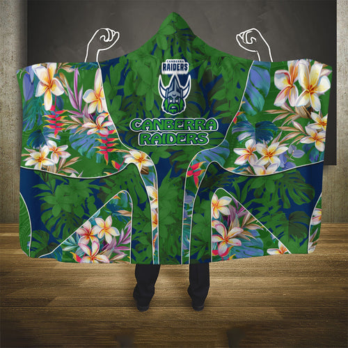 Canberra Raiders Hooded Blanket Tropical Hibiscus Floral Pattern With Green And Navy Accents