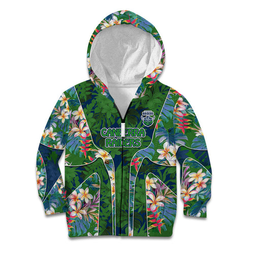 Canberra Raiders Kid Hoodie Tropical Hibiscus Floral Pattern With Green And Navy Accents
