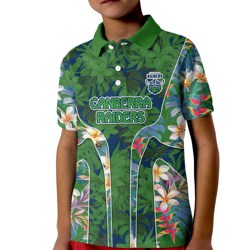 Canberra Raiders Kid Polo Shirt Tropical Hibiscus Floral Pattern With Green And Navy Accents