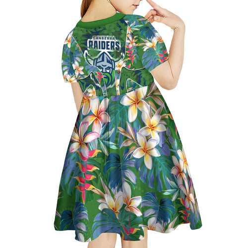 Canberra Raiders Kid Short Sleeve Dress Tropical Hibiscus Floral Pattern With Green And Navy Accents