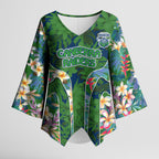 Canberra Raiders Kimono Sleeve Blouse Tropical Hibiscus Floral Pattern With Green And Navy Accents