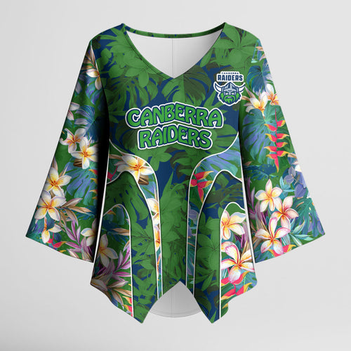 Canberra Raiders Kimono Sleeve Blouse Tropical Hibiscus Floral Pattern With Green And Navy Accents