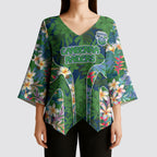 Canberra Raiders Kimono Sleeve Blouse Tropical Hibiscus Floral Pattern With Green And Navy Accents