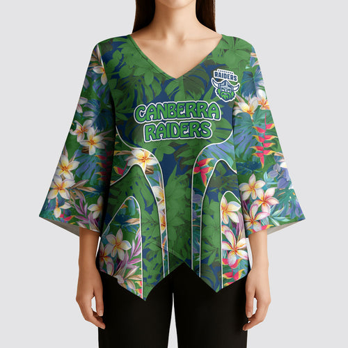 Canberra Raiders Kimono Sleeve Blouse Tropical Hibiscus Floral Pattern With Green And Navy Accents