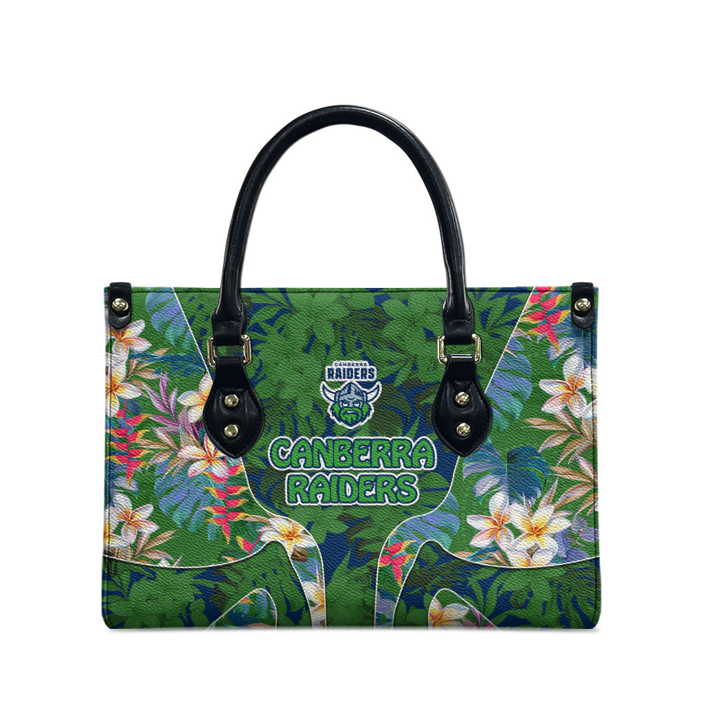 Canberra Raiders Leather Bag Tropical Hibiscus Floral Pattern With Green And Navy Accents