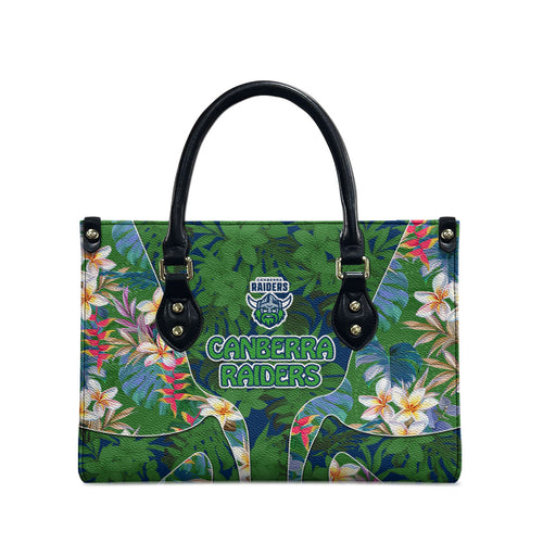Canberra Raiders Leather Bag Tropical Hibiscus Floral Pattern With Green And Navy Accents