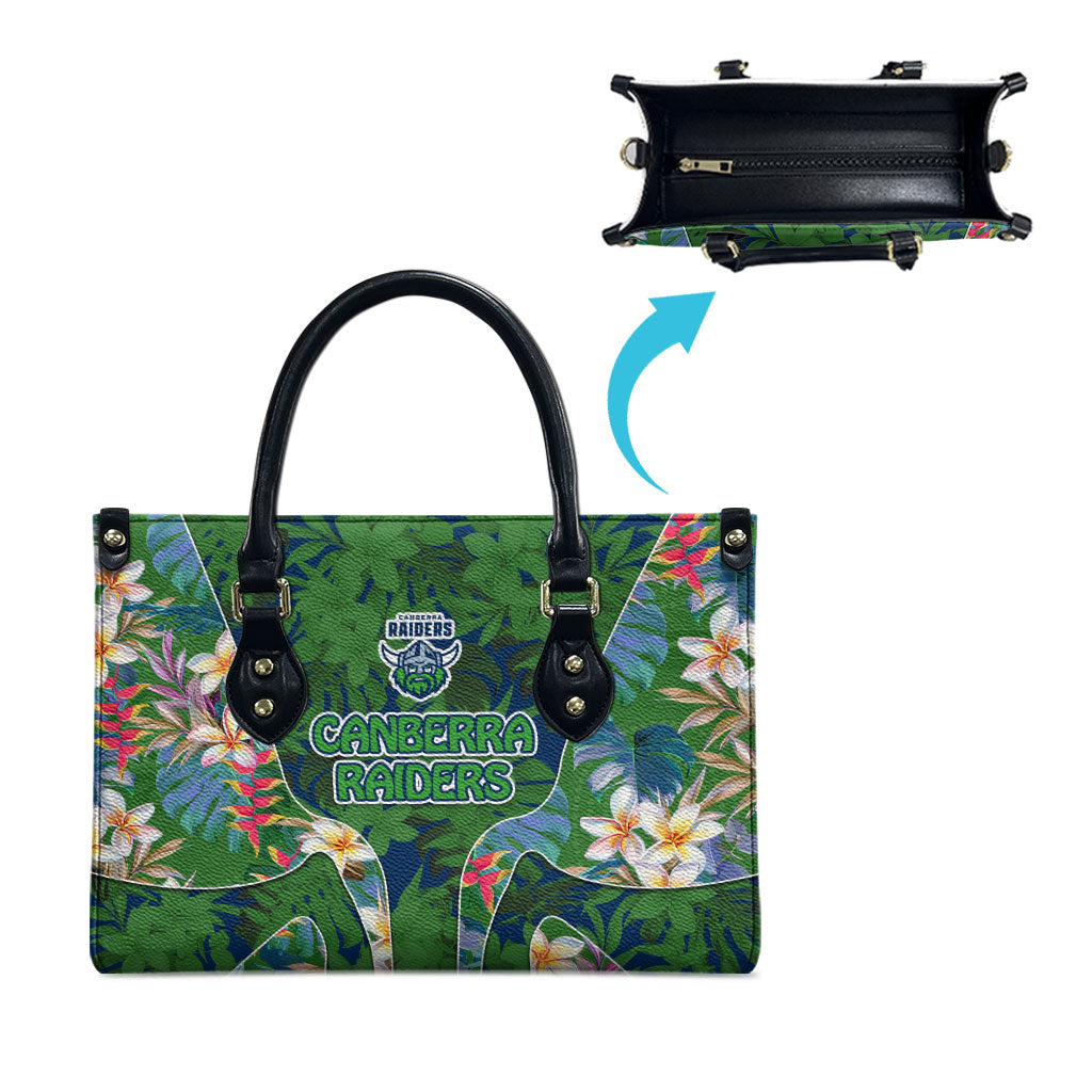 Canberra Raiders Leather Bag Tropical Hibiscus Floral Pattern With Green And Navy Accents