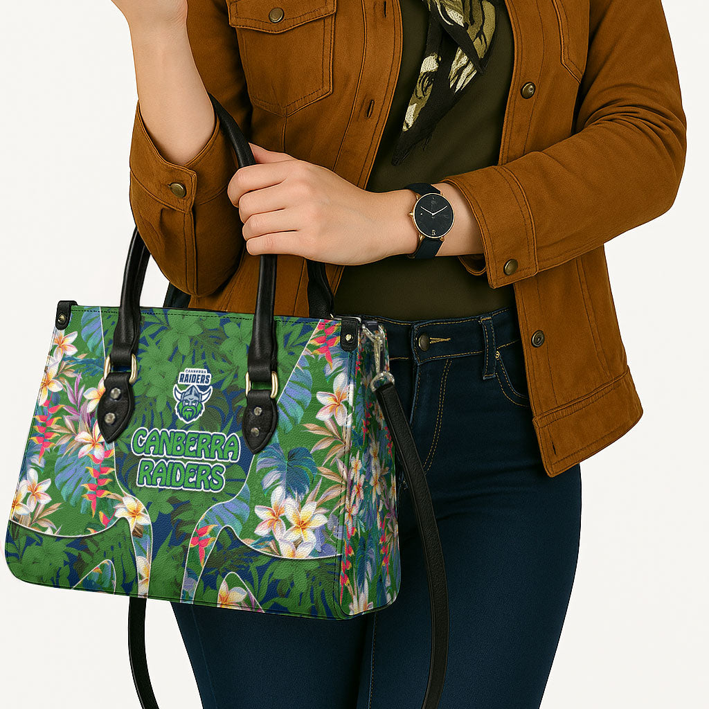 Canberra Raiders Leather Bag Tropical Hibiscus Floral Pattern With Green And Navy Accents