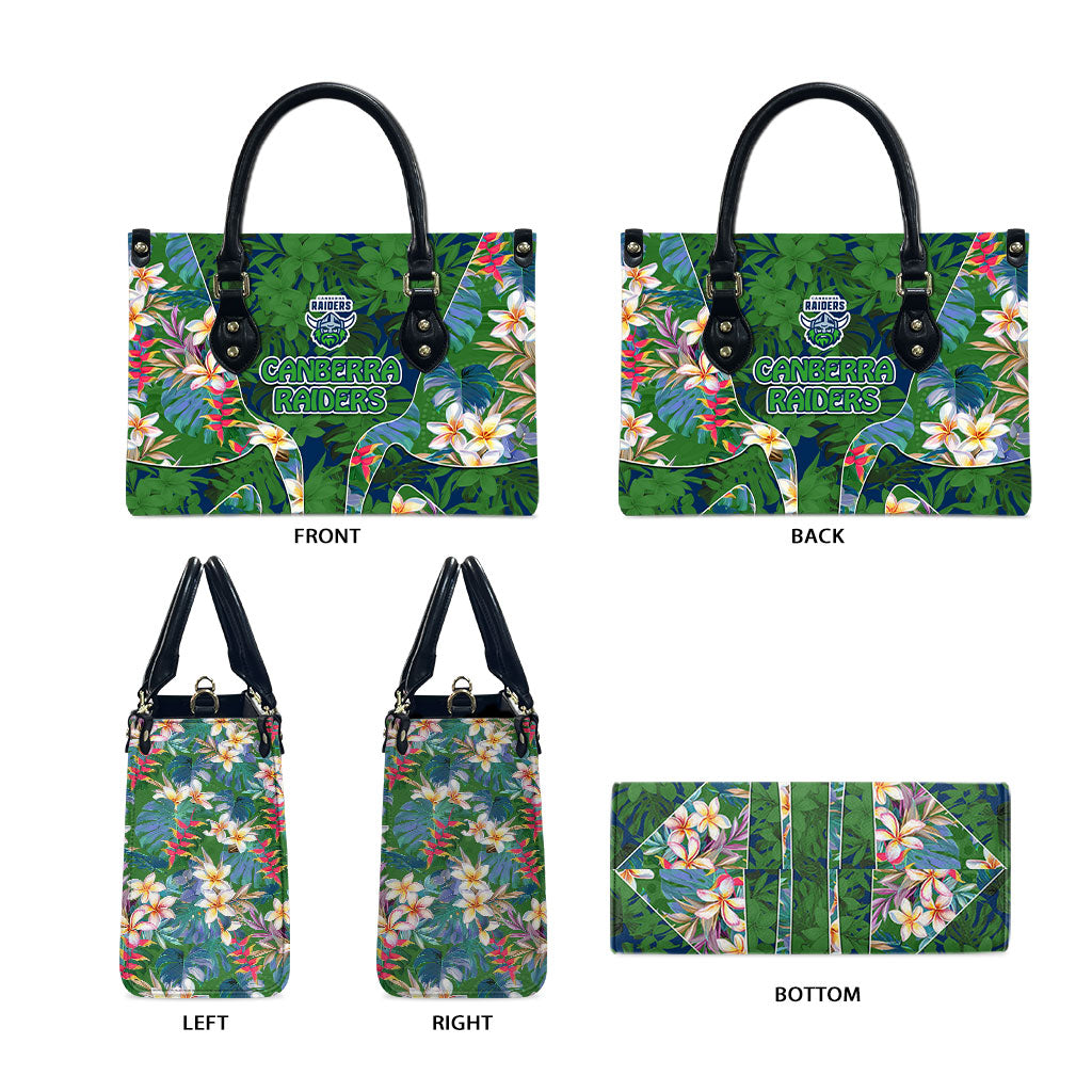 Canberra Raiders Leather Bag Tropical Hibiscus Floral Pattern With Green And Navy Accents