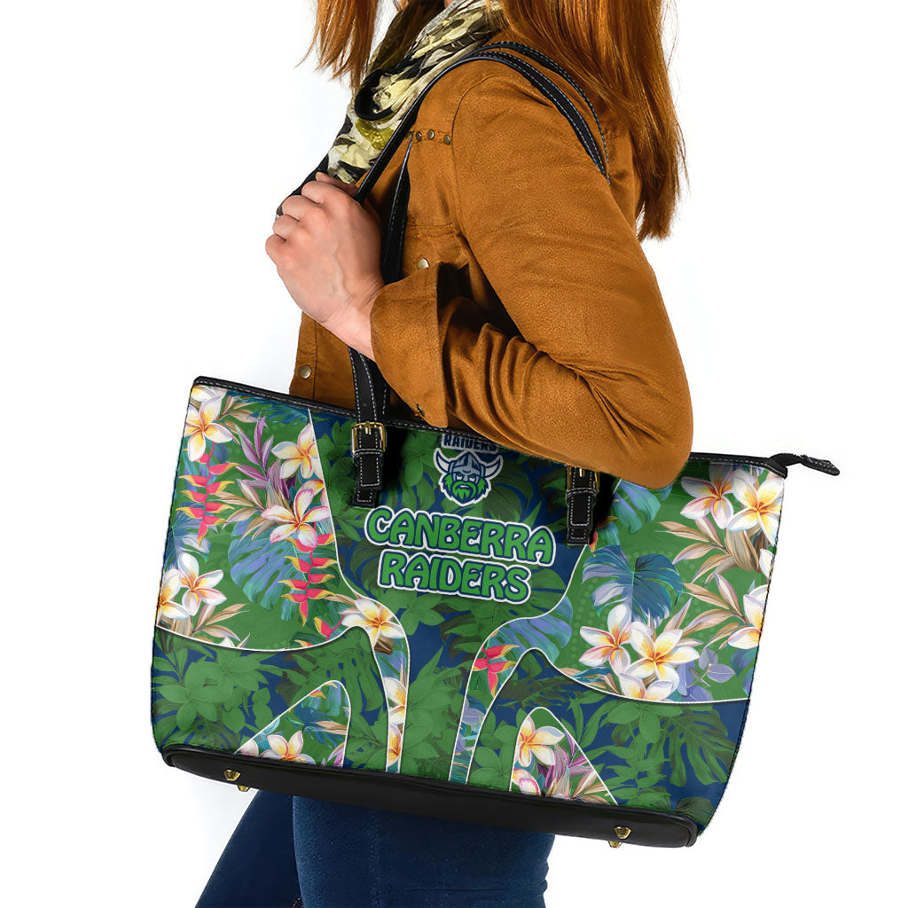 Canberra Raiders Leather Tote Bag Tropical Hibiscus Floral Pattern With Green And Navy Accents