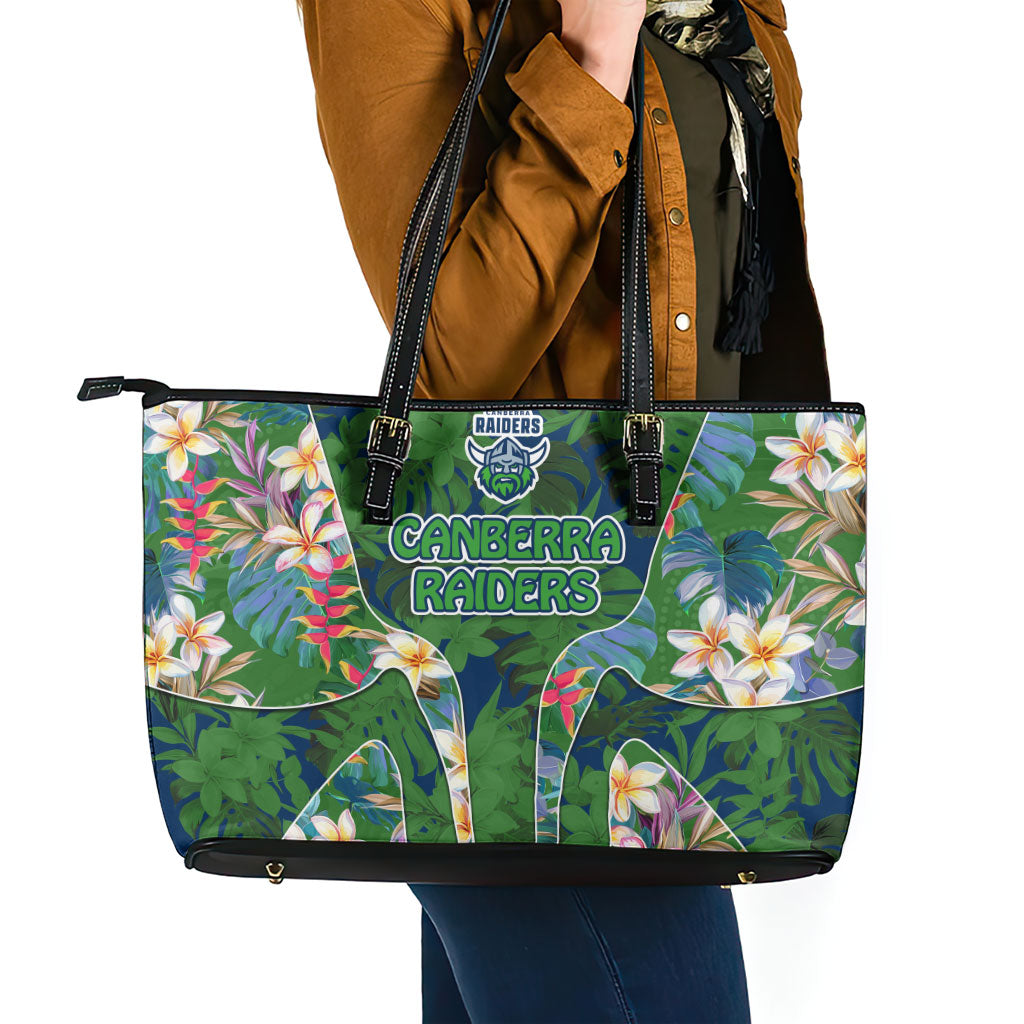 Canberra Raiders Leather Tote Bag Tropical Hibiscus Floral Pattern With Green And Navy Accents